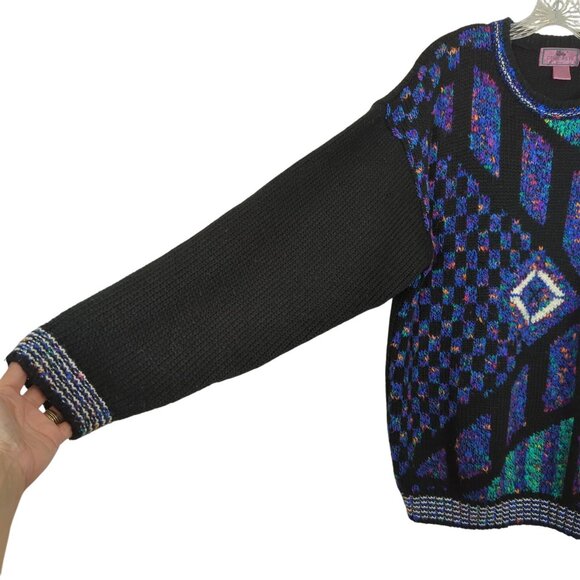 Vintage 80s Concrete Black Blue Sweater L / XL Geometric Abstract Knit Acrylic - Picture 4 of 14